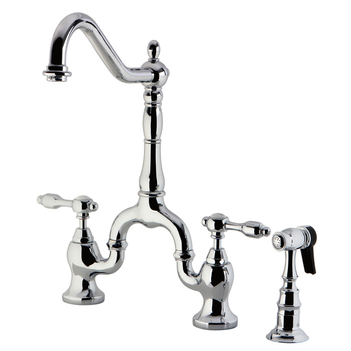 Tudor KS7751TALBS Two-Handle 3-Hole Deck Mount Bridge Kitchen Faucet with Brass Side Sprayer, Polished Chrome