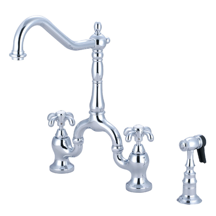 Kingston Heirloom KS7751TXBS - French Country Two-Handle 3-Hole Deck Mount Bridge Kitchen Faucet with Brass Sprayer, Polished Chrome