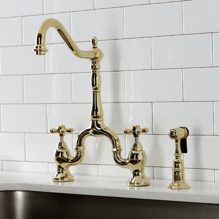 Kingston Heirloom KS7752AXBS - English Country Two-Handle 3-Hole Deck Mount Bridge Kitchen Faucet with Brass Sprayer, Polished Brass