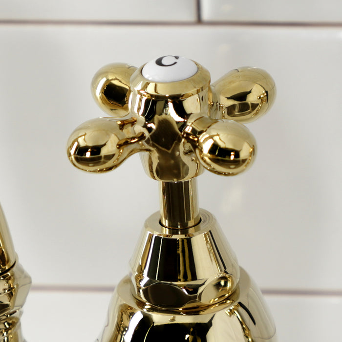 Kingston Heirloom KS7752AXBS - English Country Two-Handle 3-Hole Deck Mount Bridge Kitchen Faucet with Brass Sprayer, Polished Brass