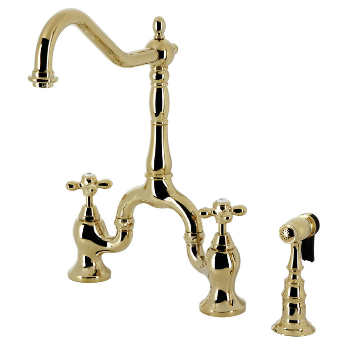 Kingston Heirloom KS7752AXBS - English Country Two-Handle 3-Hole Deck Mount Bridge Kitchen Faucet with Brass Sprayer, Polished Brass