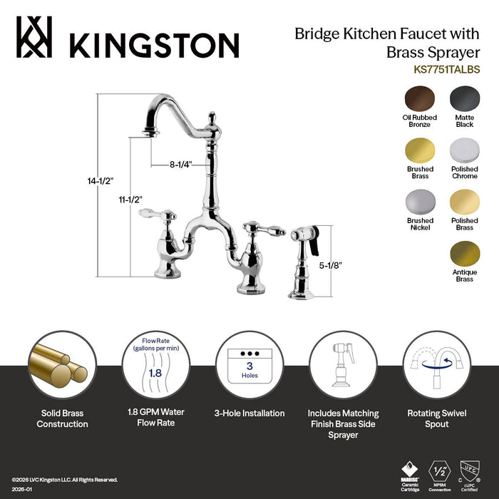 Kingston Heirloom KS7752TALBS - Tudor Two-Handle 3-Hole Deck Mount Bridge Kitchen Faucet with Brass Sprayer, Polished Brass