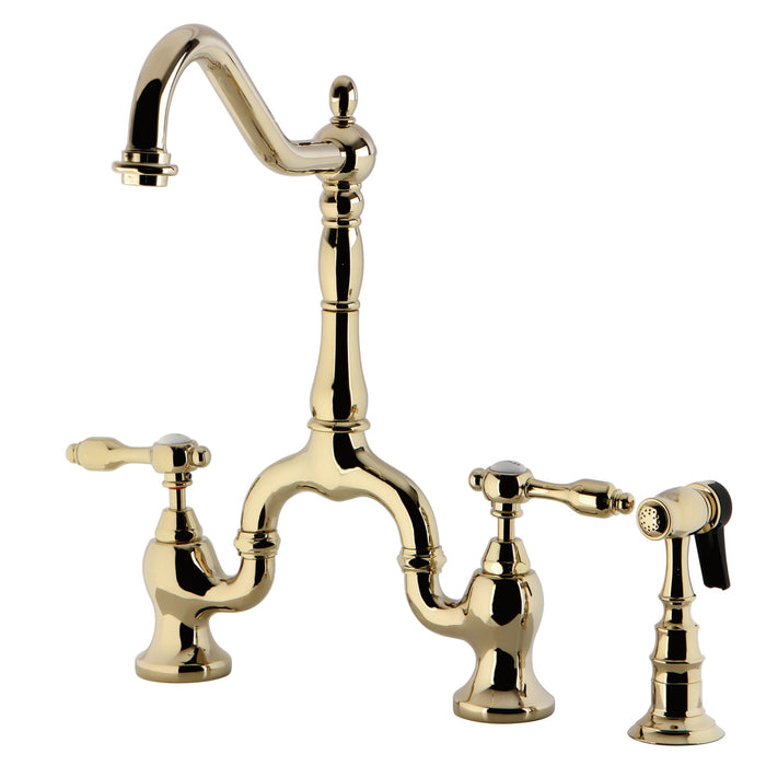 Kingston Heirloom KS7752TALBS - Tudor Two-Handle 3-Hole Deck Mount Bridge Kitchen Faucet with Brass Sprayer, Polished Brass