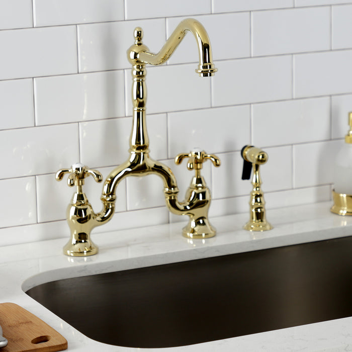 Kingston Heirloom KS7752TXBS - French Country Two-Handle 3-Hole Deck Mount Bridge Kitchen Faucet with Brass Sprayer, Polished Brass