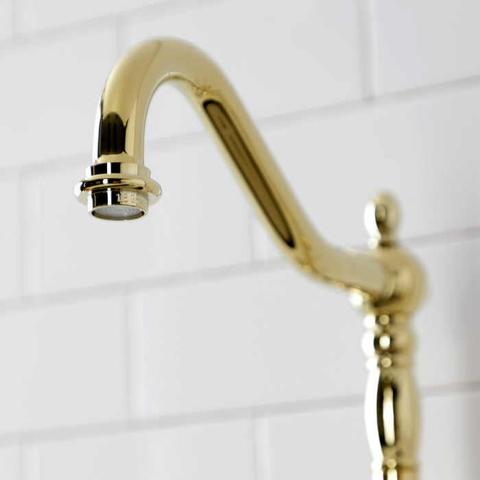 Kingston Heirloom KS7752TXBS - French Country Two-Handle 3-Hole Deck Mount Bridge Kitchen Faucet with Brass Sprayer, Polished Brass