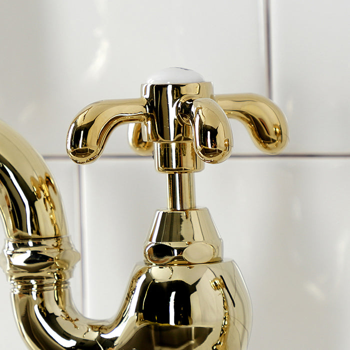 Kingston Heirloom KS7752TXBS - French Country Two-Handle 3-Hole Deck Mount Bridge Kitchen Faucet with Brass Sprayer, Polished Brass