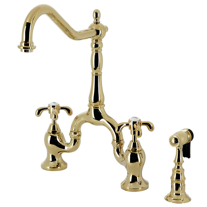 Kingston Heirloom KS7752TXBS - French Country Two-Handle 3-Hole Deck Mount Bridge Kitchen Faucet with Brass Sprayer, Polished Brass