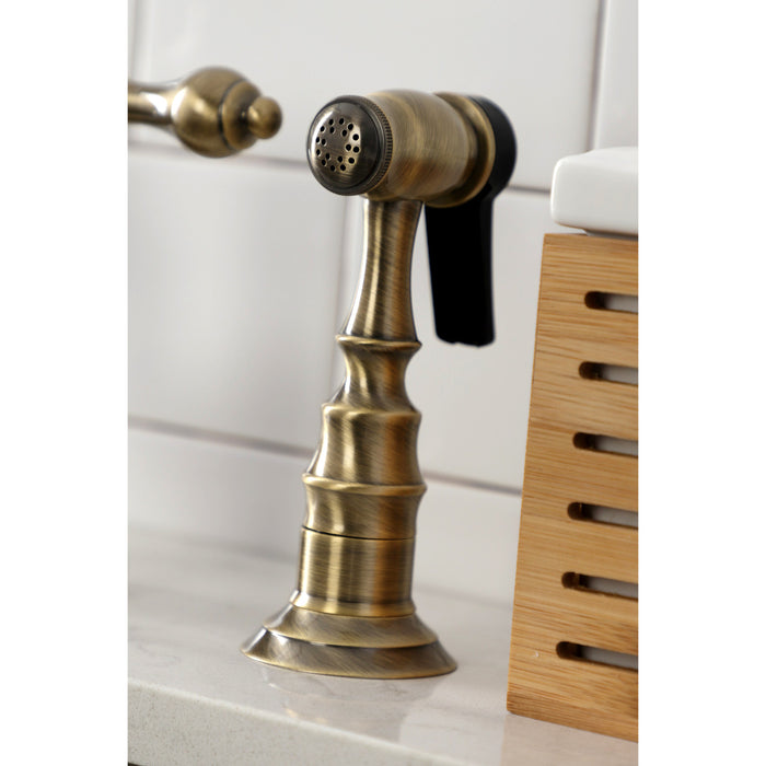 Kingston Heirloom KS7753ALBS - English Country Two-Handle 3-Hole Deck Mount Bridge Kitchen Faucet with Brass Sprayer, Antique Brass