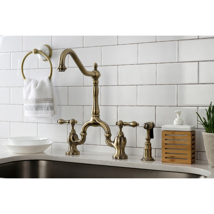 Kingston Heirloom KS7753ALBS - English Country Two-Handle 3-Hole Deck Mount Bridge Kitchen Faucet with Brass Sprayer, Antique Brass