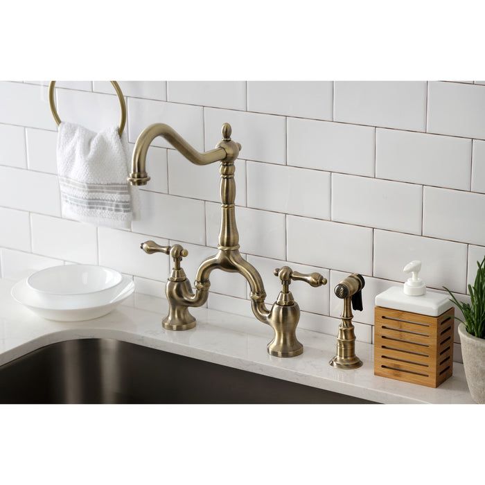 Kingston Heirloom KS7753ALBS - English Country Two-Handle 3-Hole Deck Mount Bridge Kitchen Faucet with Brass Sprayer, Antique Brass