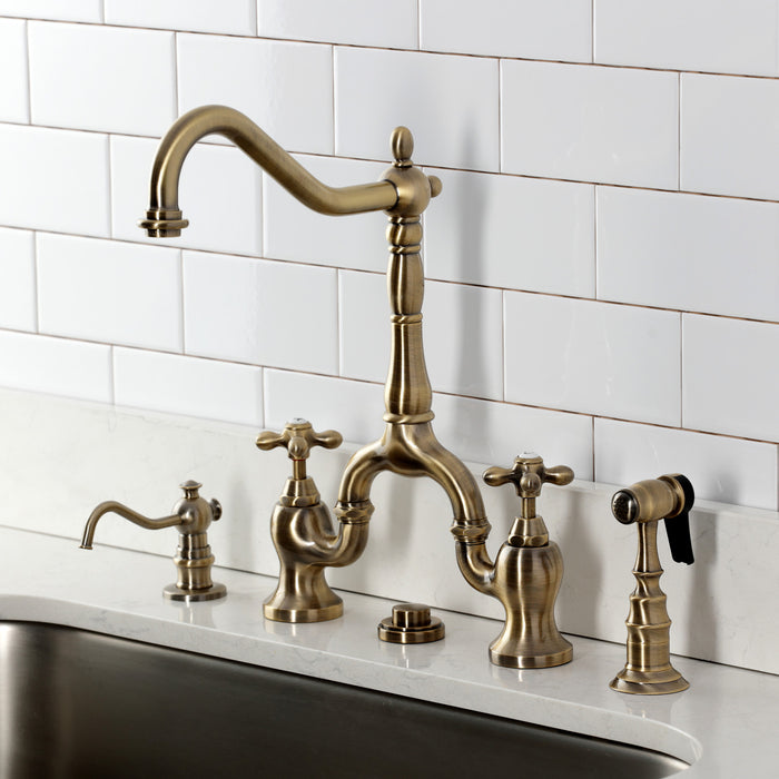 Kingston Heirloom KS7753AXBS - English Country Two-Handle 3-Hole Deck Mount Bridge Kitchen Faucet with Brass Sprayer, Antique Brass