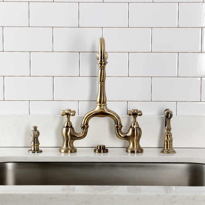 Kingston Heirloom KS7753AXBS - English Country Two-Handle 3-Hole Deck Mount Bridge Kitchen Faucet with Brass Sprayer, Antique Brass