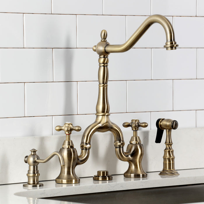Kingston Heirloom KS7753AXBS - English Country Two-Handle 3-Hole Deck Mount Bridge Kitchen Faucet with Brass Sprayer, Antique Brass