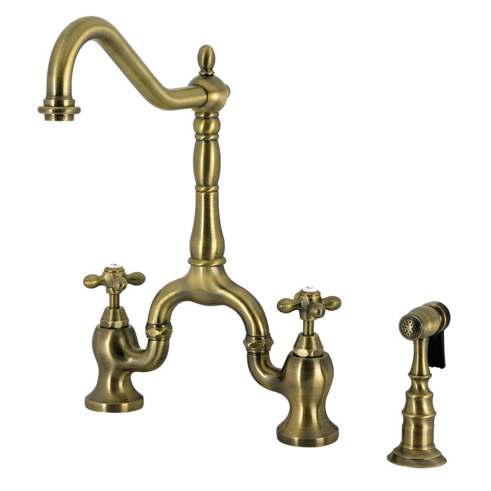 Kingston Heirloom KS7753AXBS - English Country Two-Handle 3-Hole Deck Mount Bridge Kitchen Faucet with Brass Sprayer, Antique Brass