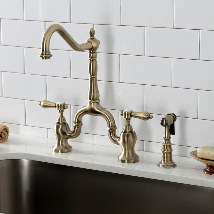 Kingston Heirloom KS7753BALBS - Heirloom Two-Handle 3-Hole Deck Mount Bridge Kitchen Faucet with Brass Sprayer, Antique Brass