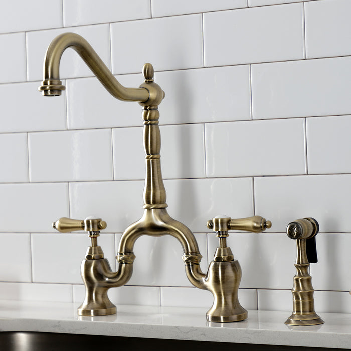 Kingston Heirloom KS7753BALBS - Heirloom Two-Handle 3-Hole Deck Mount Bridge Kitchen Faucet with Brass Sprayer, Antique Brass