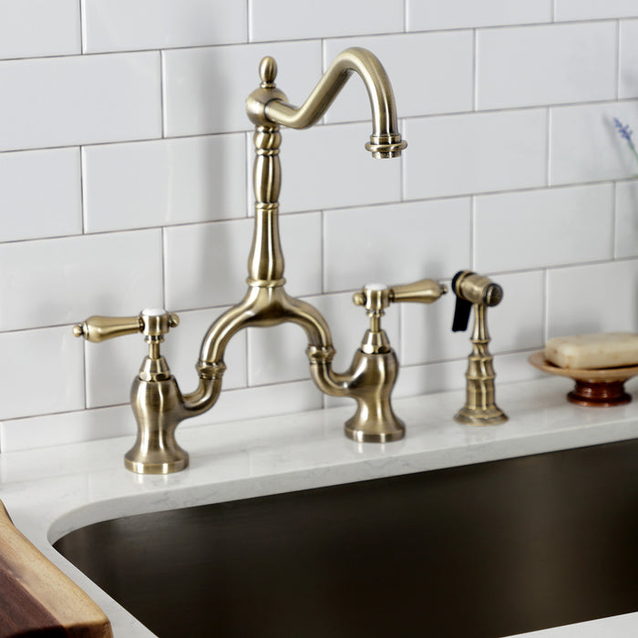 Kingston Heirloom KS7753BALBS - Heirloom Two-Handle 3-Hole Deck Mount Bridge Kitchen Faucet with Brass Sprayer, Antique Brass