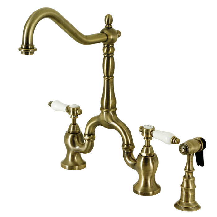 Kingston Heirloom KS7753BPLBS - Bel-Air Two-Handle 3-Hole Deck Mount Bridge Kitchen Faucet with Brass Sprayer, Antique Brass