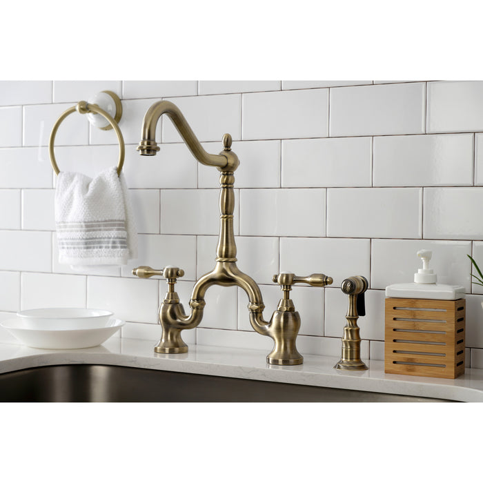 Kingston Heirloom KS7753TALBS - Tudor Two-Handle 3-Hole Deck Mount Bridge Kitchen Faucet with Brass Sprayer, Antique Brass