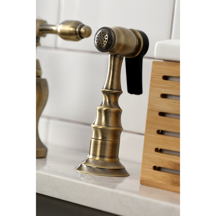 Kingston Heirloom KS7753TALBS - Tudor Two-Handle 3-Hole Deck Mount Bridge Kitchen Faucet with Brass Sprayer, Antique Brass