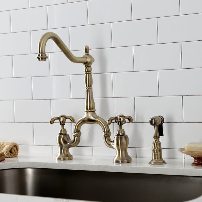 Kingston Heirloom KS7753TXBS - French Country Two-Handle 3-Hole Deck Mount Bridge Kitchen Faucet with Brass Sprayer, Antique Brass