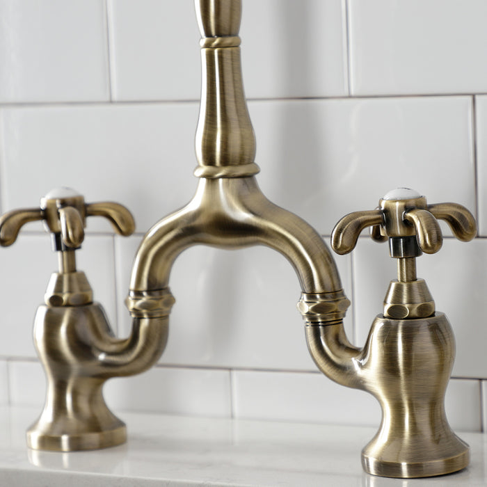 Kingston Heirloom KS7753TXBS - French Country Two-Handle 3-Hole Deck Mount Bridge Kitchen Faucet with Brass Sprayer, Antique Brass