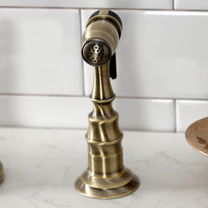Kingston Heirloom KS7753TXBS - French Country Two-Handle 3-Hole Deck Mount Bridge Kitchen Faucet with Brass Sprayer, Antique Brass