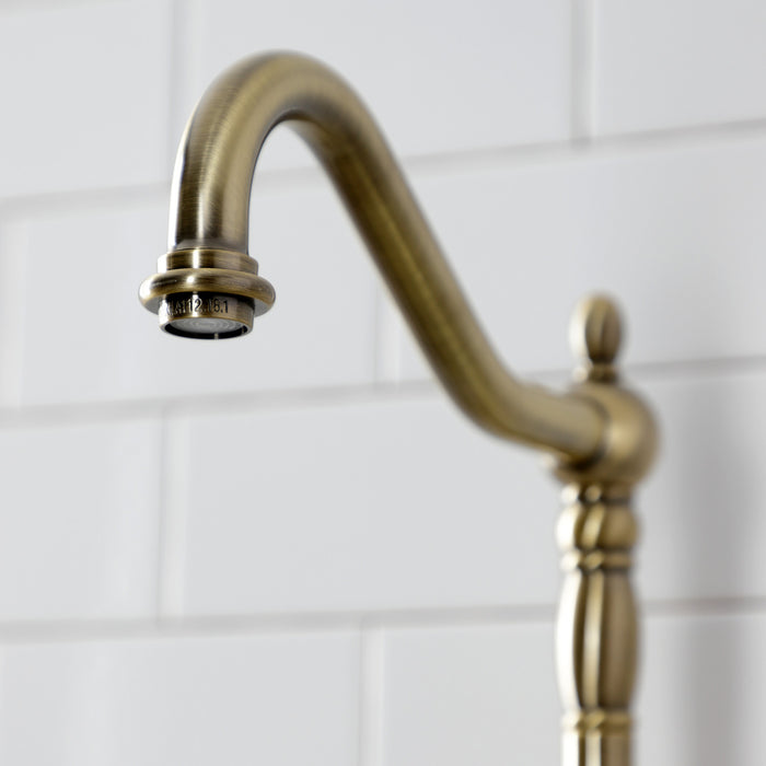 Kingston Heirloom KS7753TXBS - French Country Two-Handle 3-Hole Deck Mount Bridge Kitchen Faucet with Brass Sprayer, Antique Brass