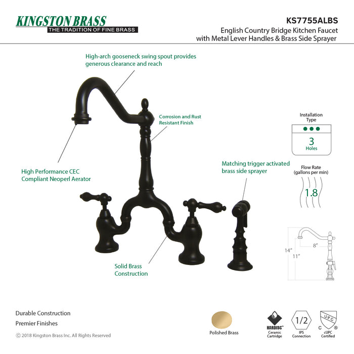 Kingston Heirloom KS7755ALBS - English Country Two-Handle 3-Hole Deck Mount Bridge Kitchen Faucet with Brass Sprayer, Oil Rubbed Bronze