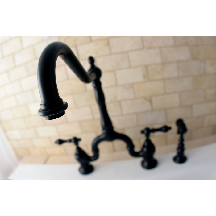 Kingston Heirloom KS7755ALBS - English Country Two-Handle 3-Hole Deck Mount Bridge Kitchen Faucet with Brass Sprayer, Oil Rubbed Bronze