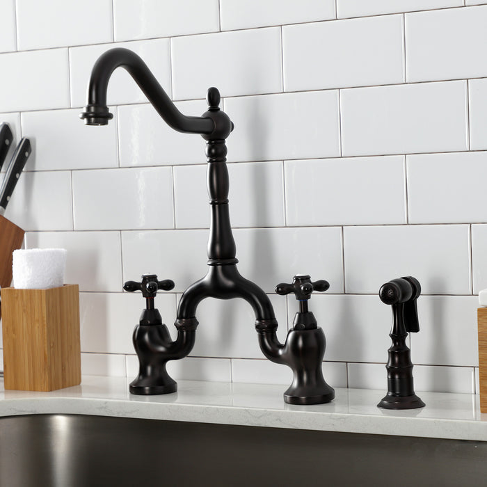 Kingston Heirloom KS7755AXBS - English Country Two-Handle 3-Hole Deck Mount Bridge Kitchen Faucet with Brass Sprayer, Oil Rubbed Bronze