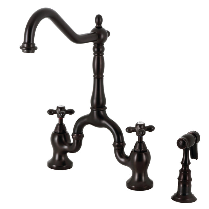 Kingston Heirloom KS7755AXBS - English Country Two-Handle 3-Hole Deck Mount Bridge Kitchen Faucet with Brass Sprayer, Oil Rubbed Bronze