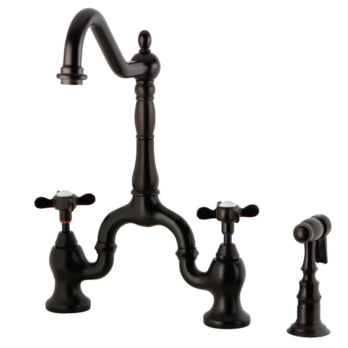Kingston Heirloom KS7755BEXBS - Essex Two-Handle 3-Hole Deck Mount Bridge Kitchen Faucet with Brass Sprayer, Oil Rubbed Bronze