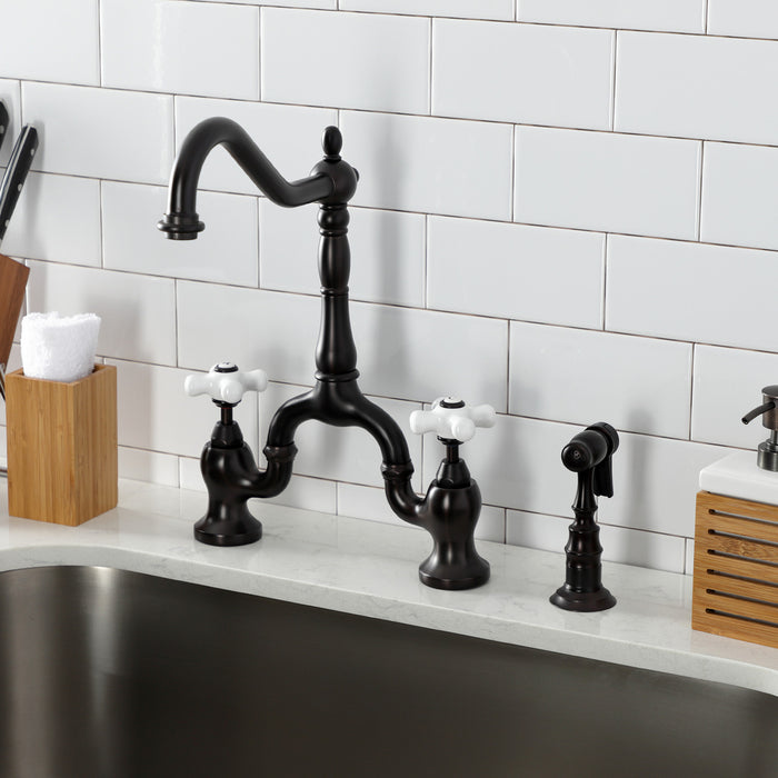 Kingston Heirloom KS7755PXBS - English Country Two-Handle 3-Hole Deck Mount Bridge Kitchen Faucet with Brass Sprayer, Oil Rubbed Bronze