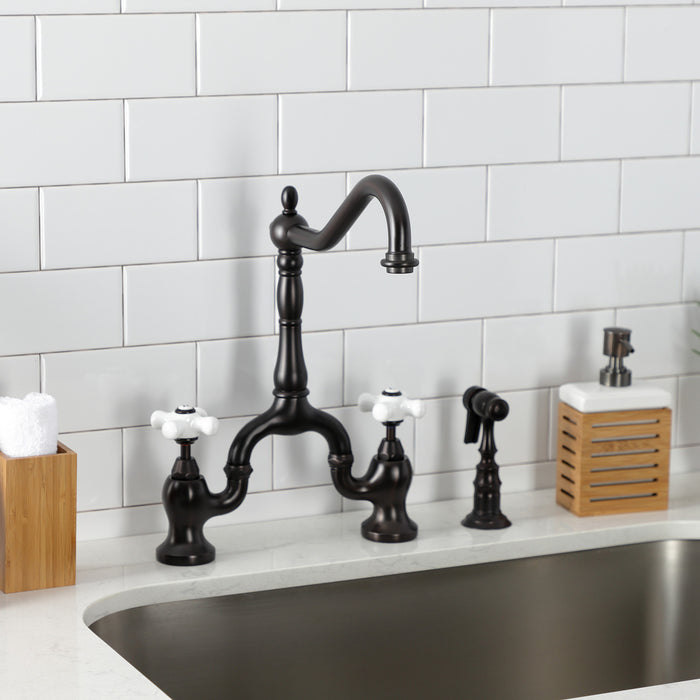 Kingston Heirloom KS7755PXBS - English Country Two-Handle 3-Hole Deck Mount Bridge Kitchen Faucet with Brass Sprayer, Oil Rubbed Bronze