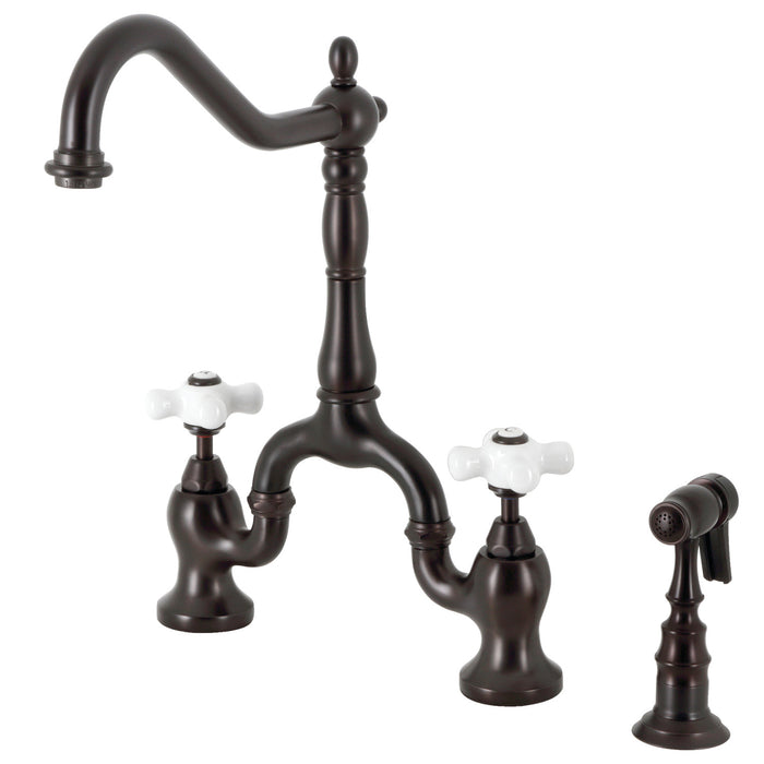 Kingston Heirloom KS7755PXBS - English Country Two-Handle 3-Hole Deck Mount Bridge Kitchen Faucet with Brass Sprayer, Oil Rubbed Bronze