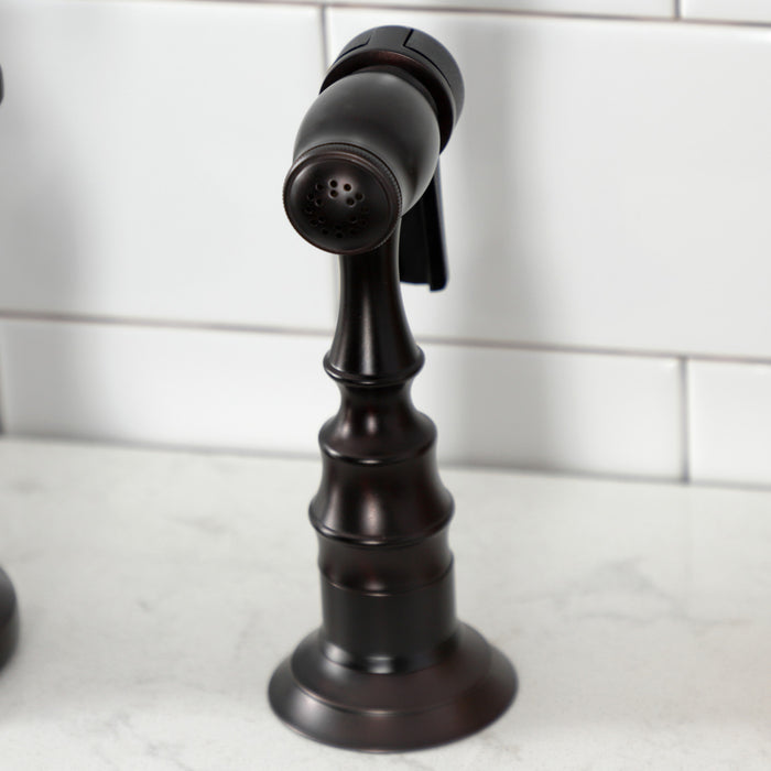 Kingston Heirloom KS7755TXBS - French Country Two-Handle 3-Hole Deck Mount Bridge Kitchen Faucet with Brass Sprayer, Oil Rubbed Bronze