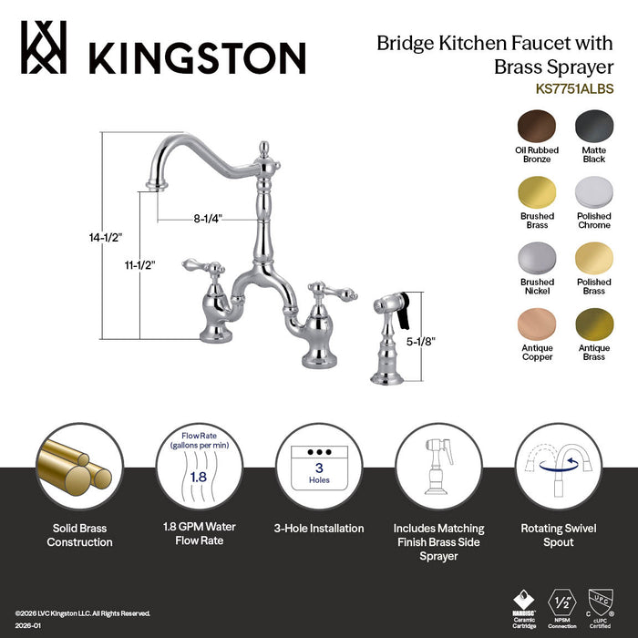 Kingston Heirloom KS7757ALBS - English Country Two-Handle 3-Hole Deck Mount Bridge Kitchen Faucet with Brass Sprayer, Brushed Brass