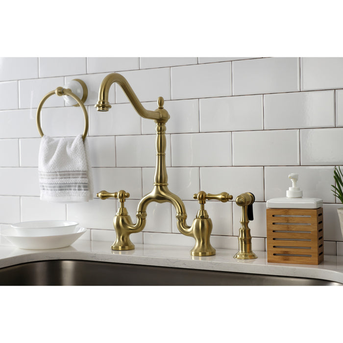 English Country KS7757ALBS Two-Handle 3-Hole Deck Mount Bridge Kitchen Faucet with Brass Side Sprayer, Brushed Brass