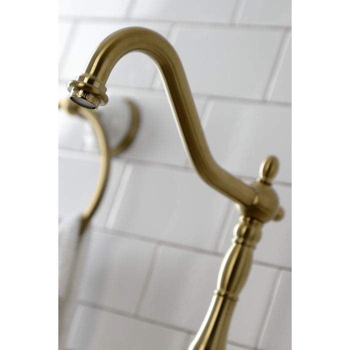 English Country KS7757ALBS Two-Handle 3-Hole Deck Mount Bridge Kitchen Faucet with Brass Side Sprayer, Brushed Brass