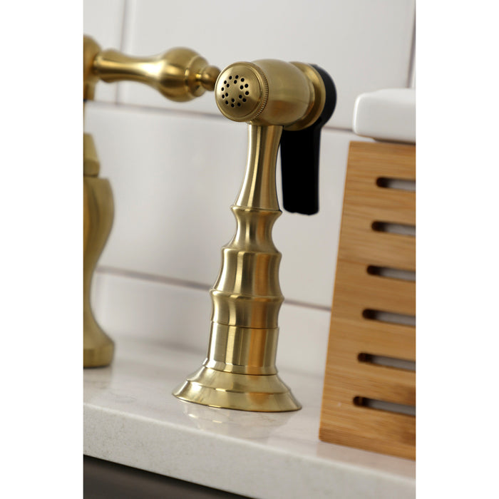 English Country KS7757ALBS Two-Handle 3-Hole Deck Mount Bridge Kitchen Faucet with Brass Side Sprayer, Brushed Brass