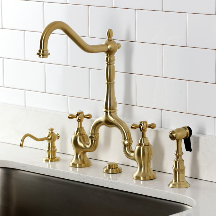 Kingston Heirloom KS7757AXBS - English Country Two-Handle 3-Hole Deck Mount Bridge Kitchen Faucet with Brass Sprayer, Brushed Brass