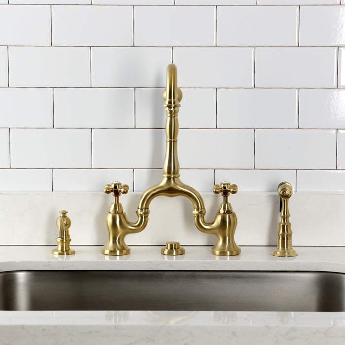 Kingston Heirloom KS7757AXBS - English Country Two-Handle 3-Hole Deck Mount Bridge Kitchen Faucet with Brass Sprayer, Brushed Brass