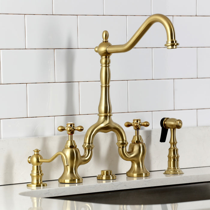 Kingston Heirloom KS7757AXBS - English Country Two-Handle 3-Hole Deck Mount Bridge Kitchen Faucet with Brass Sprayer, Brushed Brass