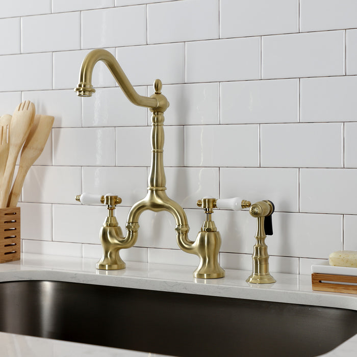 Kingston Heirloom KS7757BPLBS - Bel-Air Two-Handle 3-Hole Deck Mount Bridge Kitchen Faucet with Brass Sprayer, Brushed Brass
