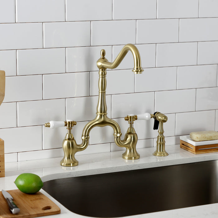 Kingston Heirloom KS7757BPLBS - Bel-Air Two-Handle 3-Hole Deck Mount Bridge Kitchen Faucet with Brass Sprayer, Brushed Brass