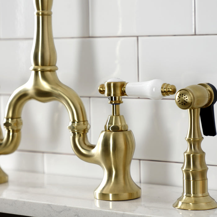 Kingston Heirloom KS7757BPLBS - Bel-Air Two-Handle 3-Hole Deck Mount Bridge Kitchen Faucet with Brass Sprayer, Brushed Brass