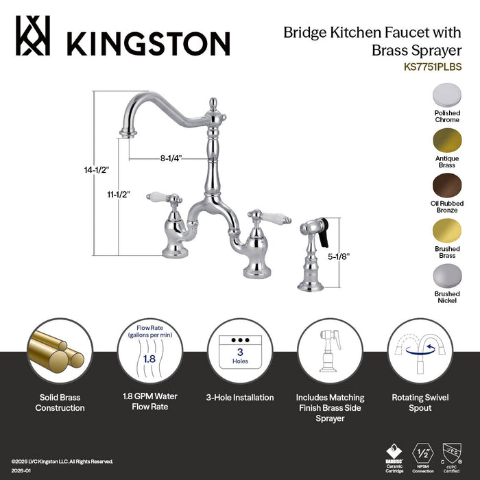 Kingston Heirloom KS7757PLBS - English Country Two-Handle 3-Hole Deck Mount Bridge Kitchen Faucet with Brass Sprayer, Brushed Brass