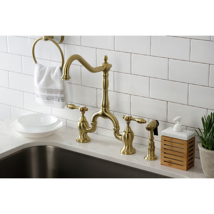 Tudor KS7757TALBS Two-Handle 3-Hole Deck Mount Bridge Kitchen Faucet with Brass Side Sprayer, Brushed Brass