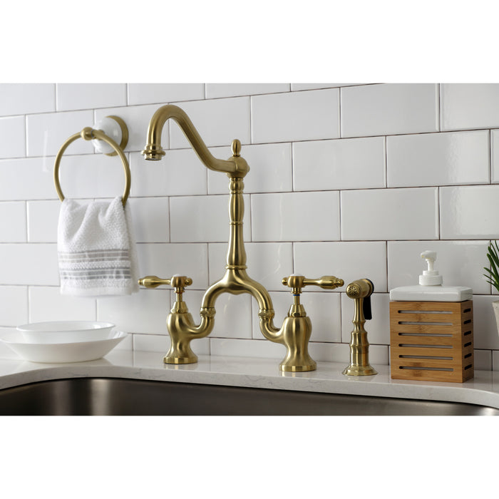 Tudor KS7757TALBS Two-Handle 3-Hole Deck Mount Bridge Kitchen Faucet with Brass Side Sprayer, Brushed Brass
